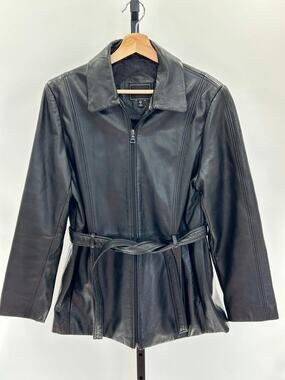 Outbrook Y2K Black Belted Leather Jacket Full Zip Sz M Dark Academia City Boy